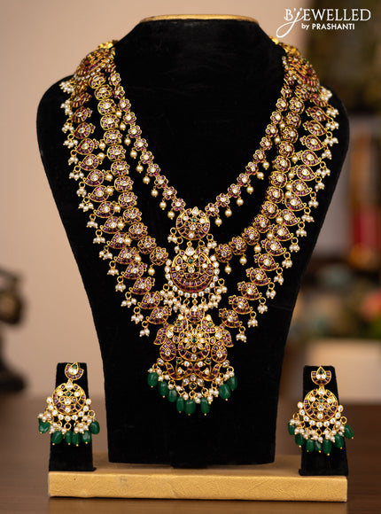 Antique triple layer haaram manga pattern with kemp & kundan stones and natural green beads & pearl hangings