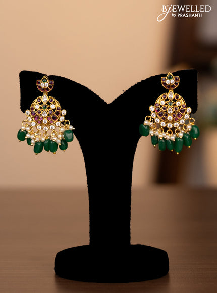 Antique triple layer haaram manga pattern with kemp & kundan stones and natural green beads & pearl hangings