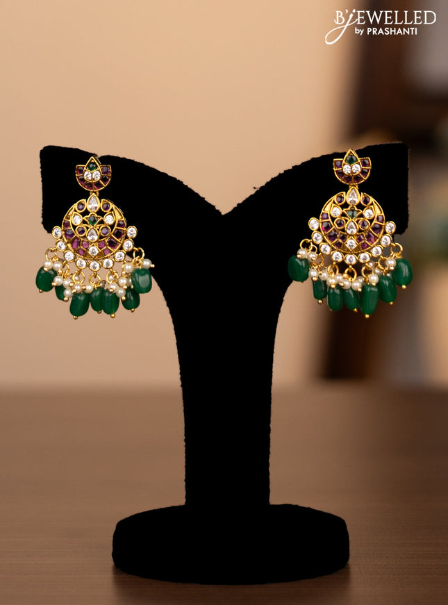 Antique triple layer haaram manga pattern with kemp & kundan stones and natural green beads & pearl hangings