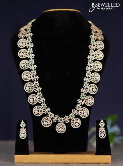 Zircon haaram peacock design with kemp and cz stones in gold finish