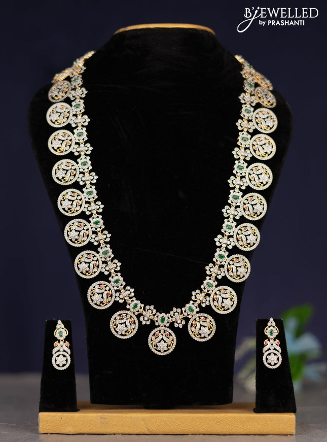 Zircon haaram peacock design with kemp and cz stones in gold finish