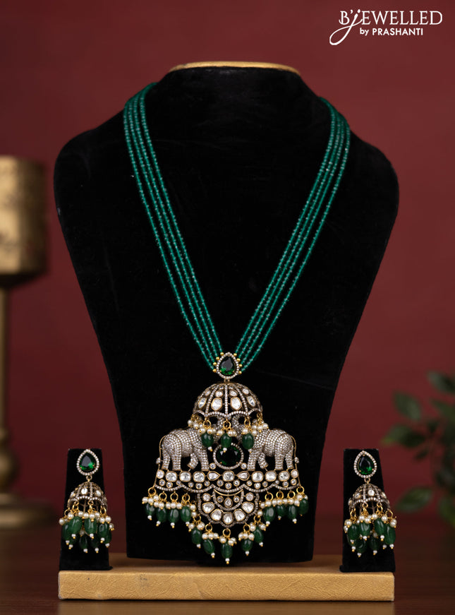 Beaded green necklace elephant pendant with kemp & kundan stones and pearl & beads hanging in victorian finish