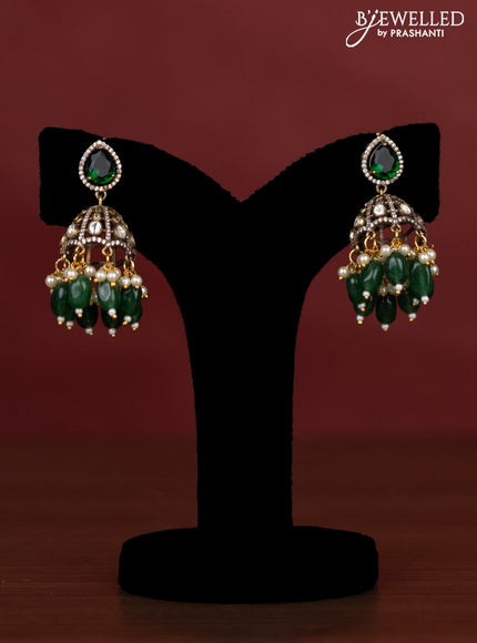 Beaded green necklace elephant pendant with kemp & kundan stones and pearl & beads hanging in victorian finish