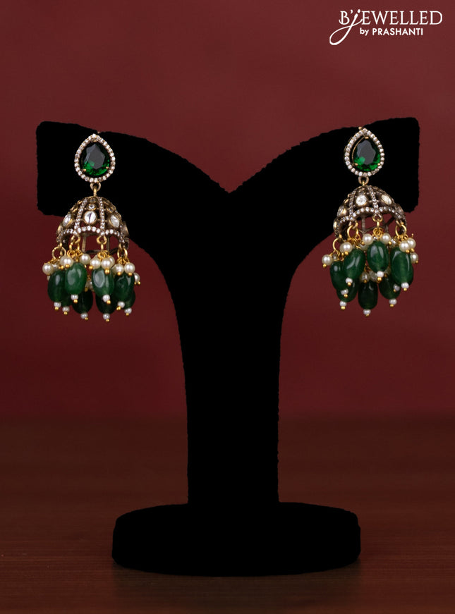 Beaded green necklace elephant pendant with kemp & kundan stones and pearl & beads hanging in victorian finish