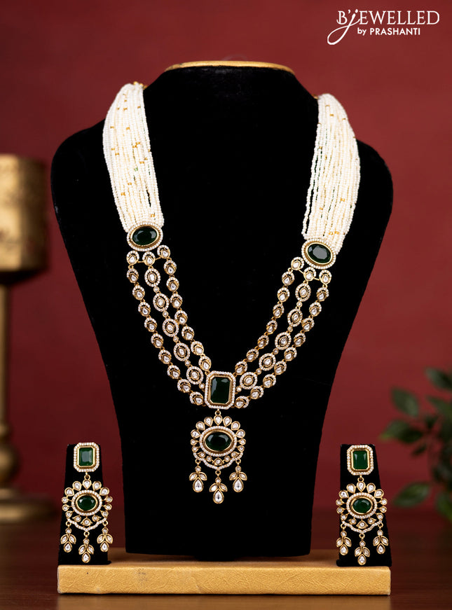 Pearl triple layer necklace with green kemp & kundan stones