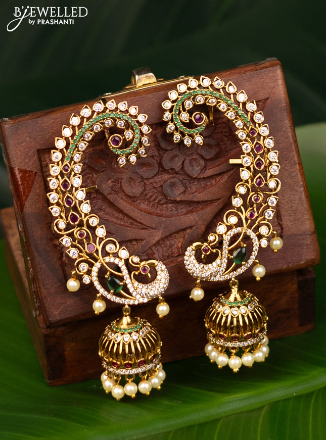 Antique earcuff jhumka peacock design with kemp & cz stones and pearl hangings
