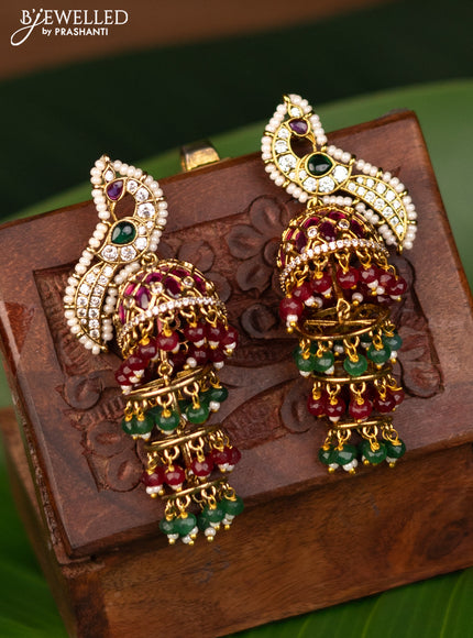 Antique triple layer jhumka peacock design kemp & cz stones beads hangings