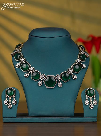 Necklace with emerald & kundan and cz stones in victorian finish