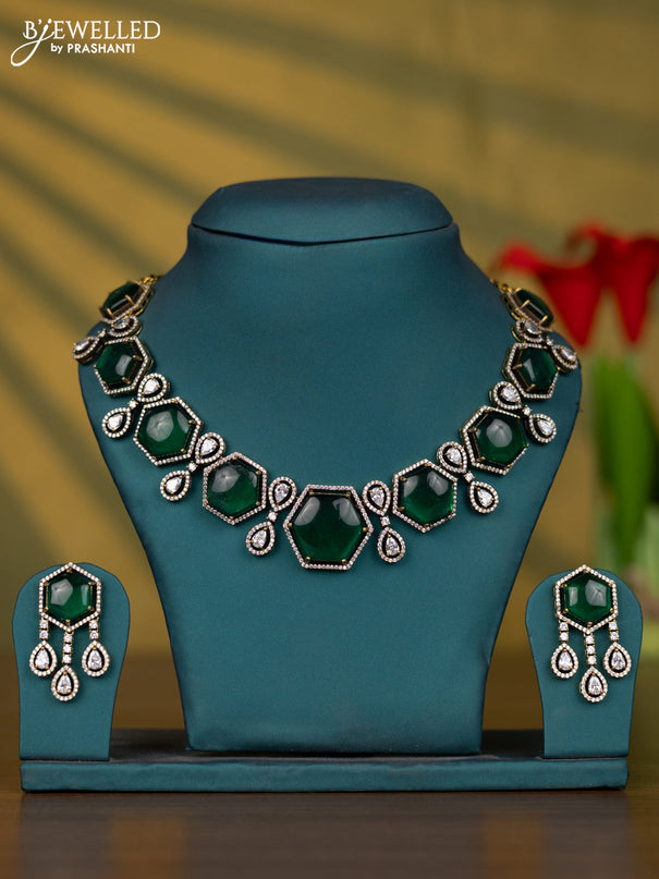 Necklace with emerald & kundan and cz stones in victorian finish