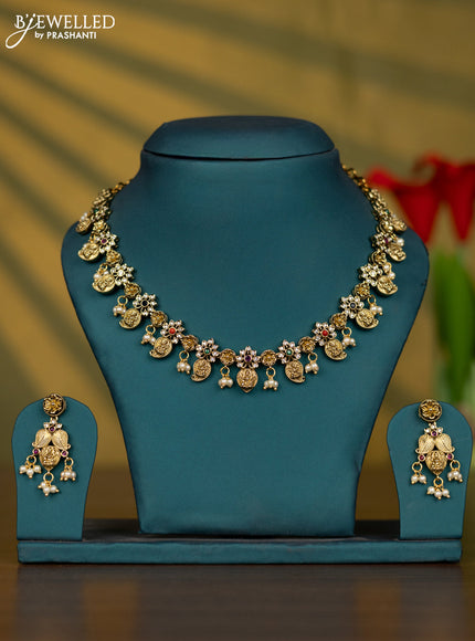 Necklace lakshmi & peacock design with kemp & cz stones and pearl hangings in victorian finish