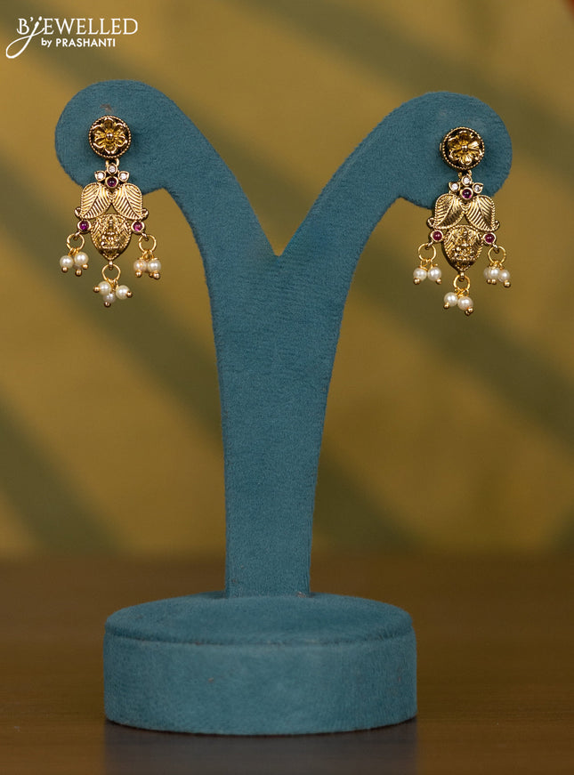 Necklace lakshmi & peacock design with kemp & cz stones and pearl hangings in victorian finish