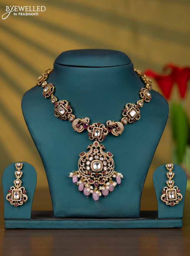 Necklace with ruby & kundan cz stones and pearl & baby pink beads hangings in victorian finish
