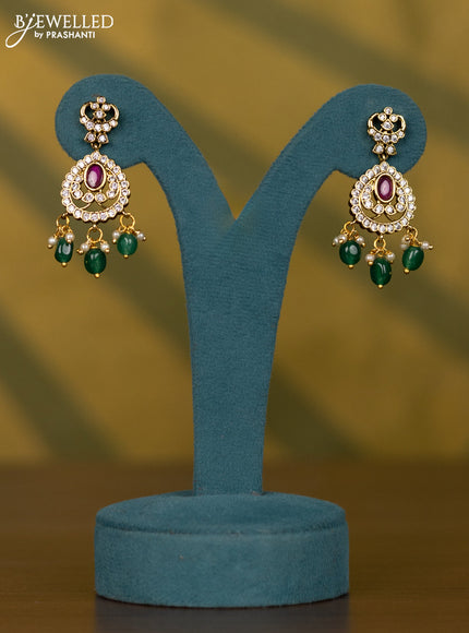 Necklace with multicolour & cz stones and pearl & green beads hangings in victorian finish