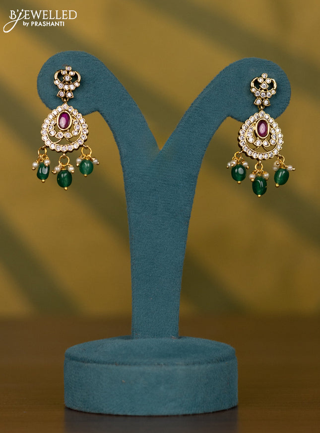 Necklace with multicolour & cz stones and pearl & green beads hangings in victorian finish
