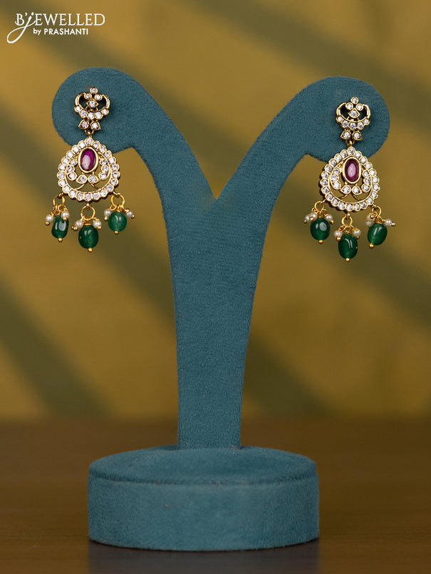Necklace with multicolour & cz stones and pearl & green beads hangings in victorian finish
