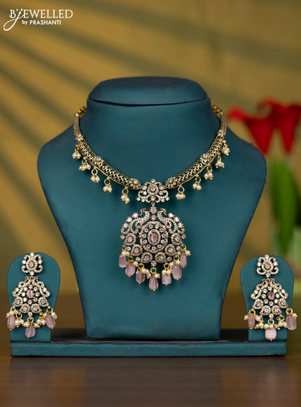 Necklace with baby pink & cz stones and pearl & baby pink beads hangings in victorian finish
