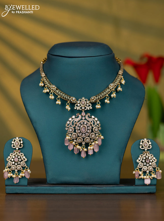 Necklace with baby pink & cz stones and pearl & baby pink beads hangings in victorian finish
