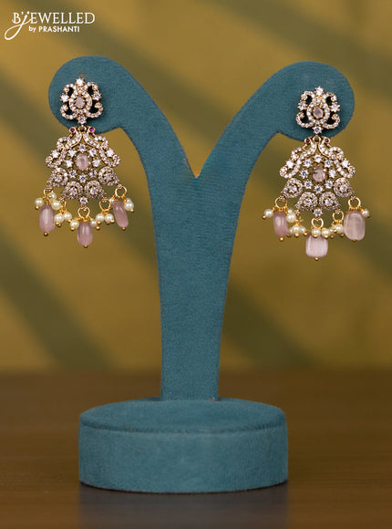 Necklace with baby pink & cz stones and pearl & baby pink beads hangings in victorian finish