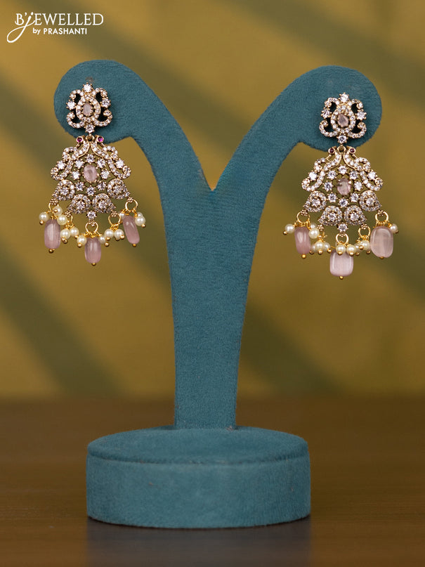 Necklace with baby pink & cz stones and pearl & baby pink beads hangings in victorian finish