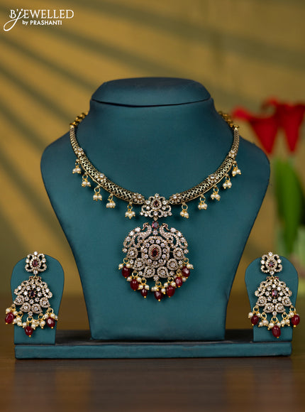 Necklace with ruby & cz stones and maroon beads hangings in victorian finish