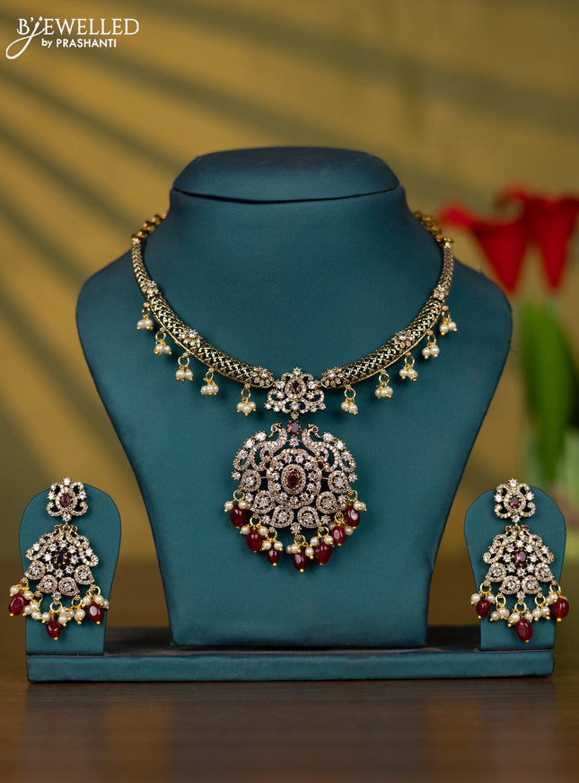 Necklace with ruby & cz stones and maroon beads hangings in victorian finish