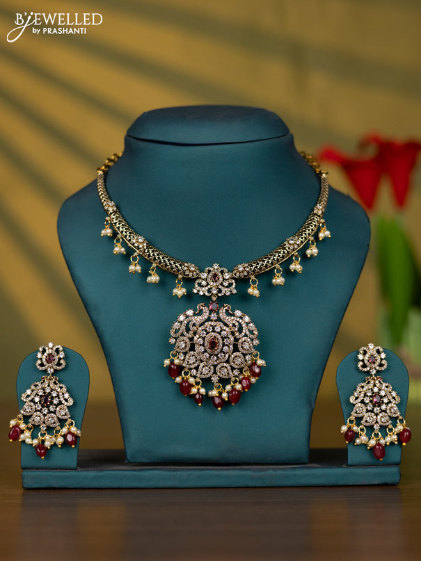 Necklace with ruby & cz stones and maroon beads hangings in victorian finish