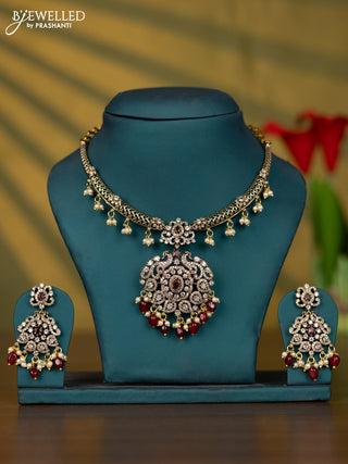 Necklace with ruby & cz stones and maroon beads hangings in victorian finish