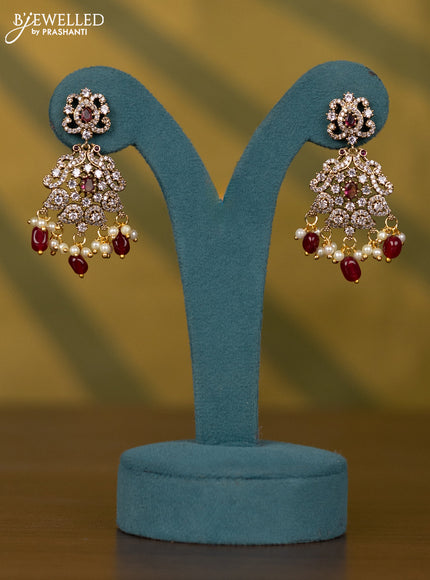 Necklace with ruby & cz stones and maroon beads hangings in victorian finish