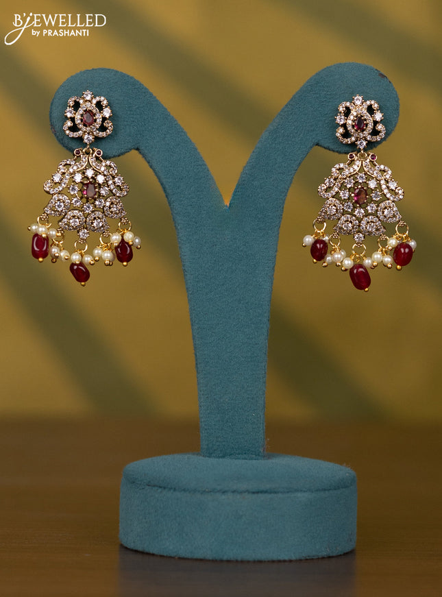 Necklace with ruby & cz stones and maroon beads hangings in victorian finish