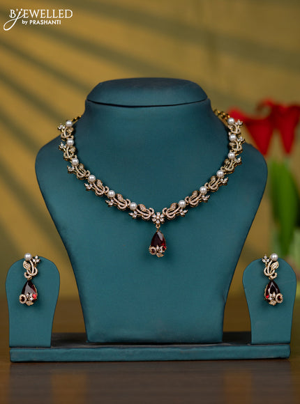 Necklace with ruby & cz stones and pearls in victorian finish
