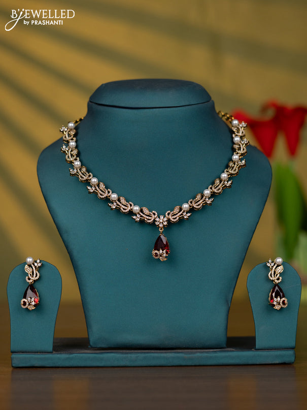 Necklace with ruby & cz stones and pearls in victorian finish
