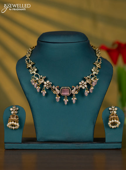 Necklace peacock design with baby pink & kundan cz stones and beads hangings in victorian finish