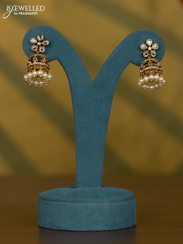 Necklace peacock design with baby pink & kundan cz stones and beads hangings in victorian finish