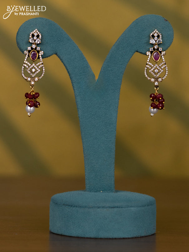 Necklace with ruby & cz stones and pearl & beads hangings in victorian finish