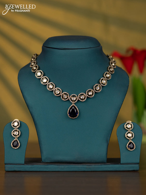 Necklace with sapphire & kundan and cz stones in victorian finish