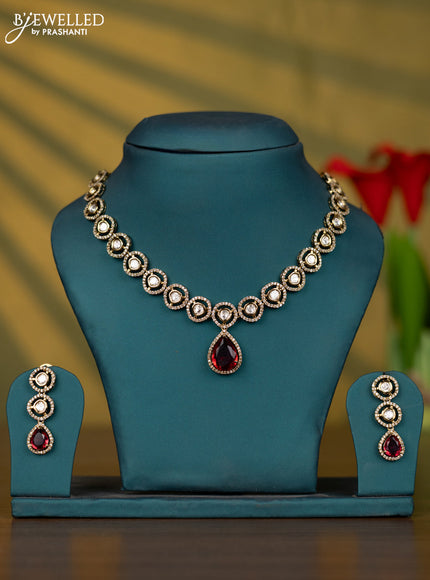 Necklace with maroon & kundan and cz stones in victorian finish