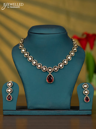 Necklace with maroon & kundan and cz stones in victorian finish