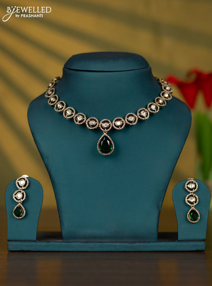 Necklace with emerald & kundan and cz stones in victorian finish