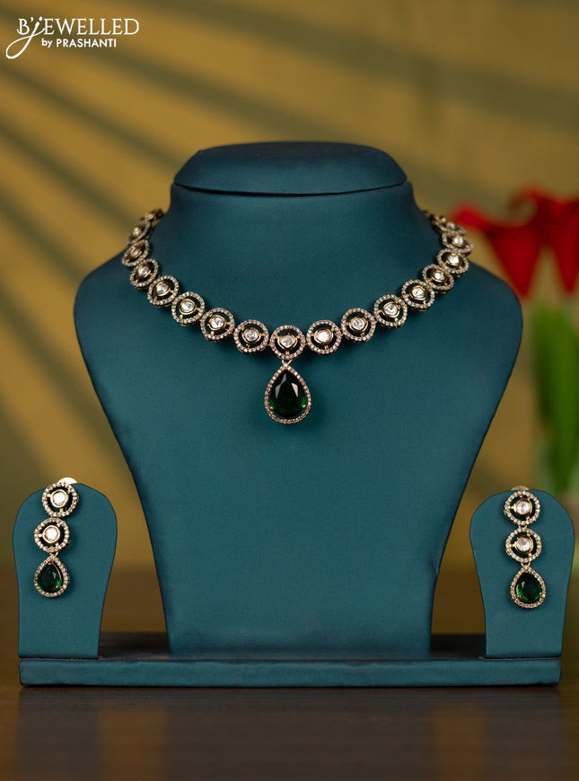 Necklace with emerald & kundan and cz stones in victorian finish