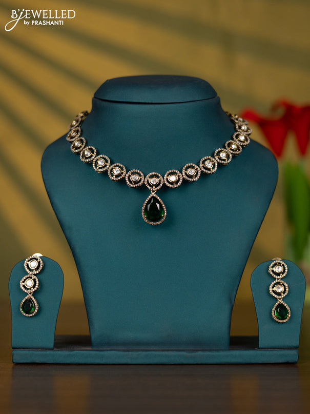 Necklace with emerald & kundan and cz stones in victorian finish