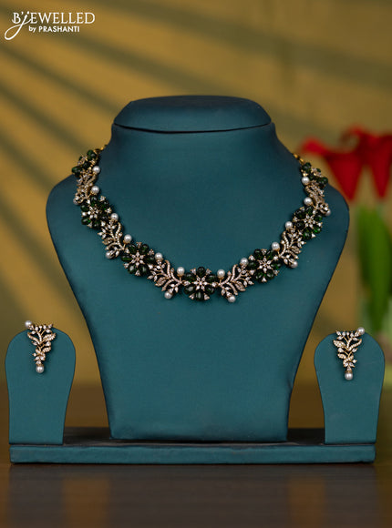 Necklace with cz stones and pearl & green beads in victorian finish