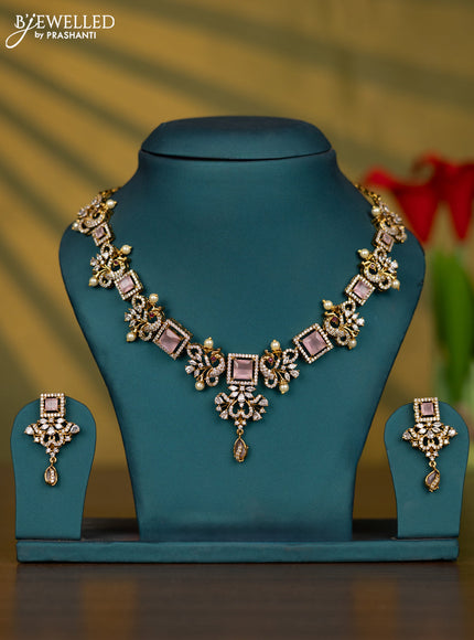 Necklace with baby pink & cz stones and pearl in victorian finish