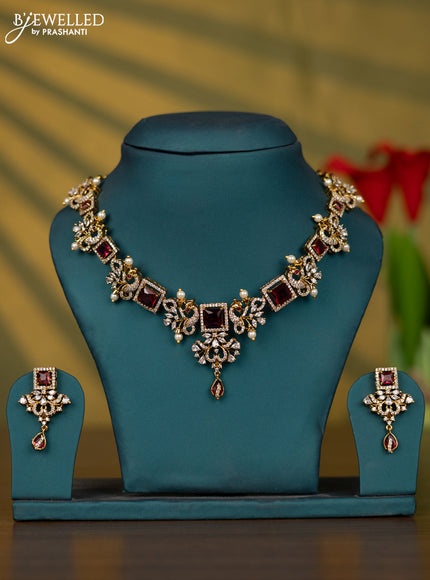 Necklace with ruby & cz stones and pearl in victorian finish