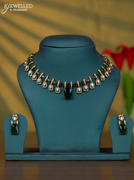 Necklace with emerald & kundan & cz stones in victorian finish