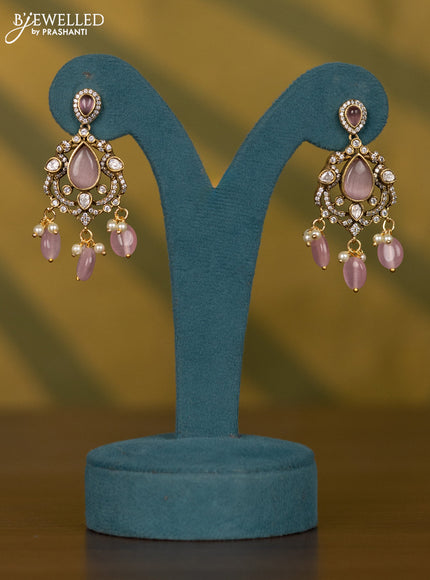 Necklace with baby pink & kundan cz stones and pearl & baby pink beads hangings in victorian finish