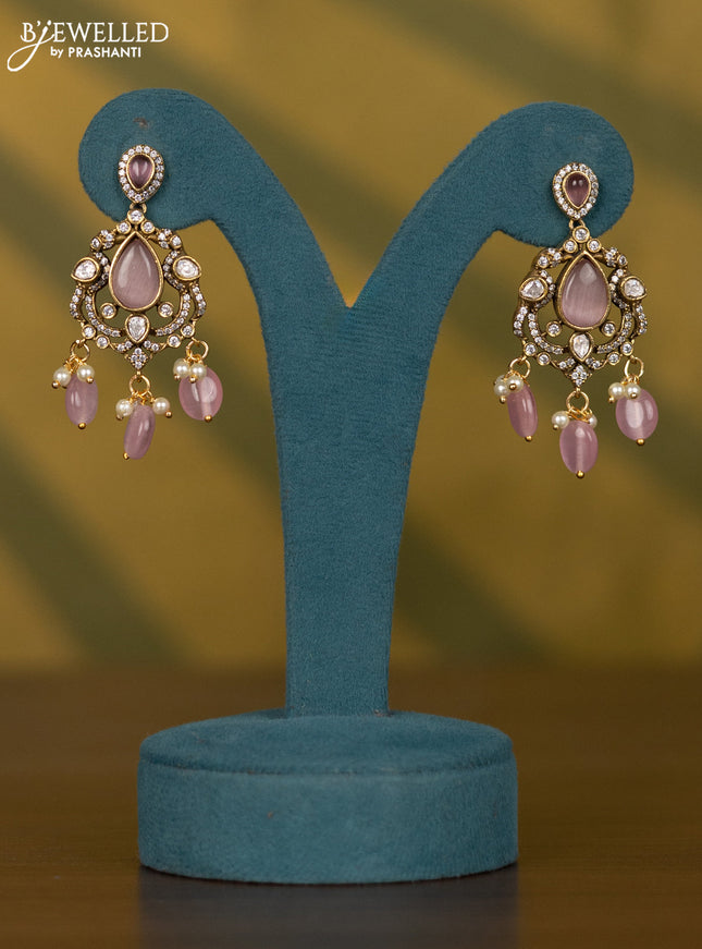 Necklace with baby pink & kundan cz stones and pearl & baby pink beads hangings in victorian finish