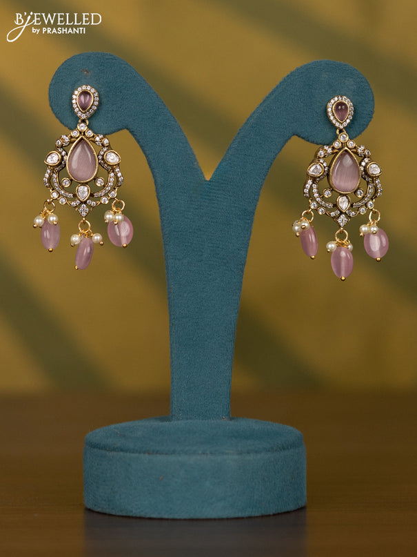 Necklace with baby pink & kundan cz stones and pearl & baby pink beads hangings in victorian finish