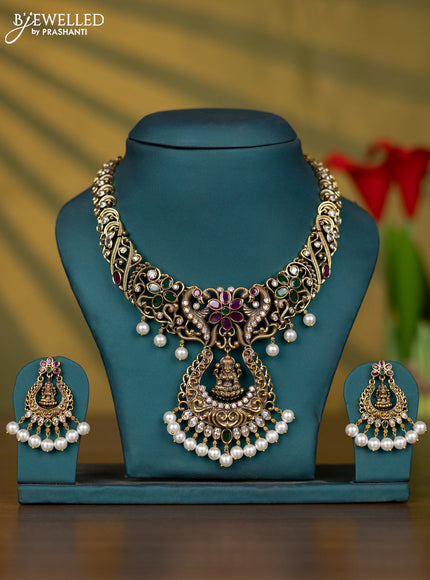 Necklace lakshmi design with kemp & cz stones and pearl hangings in victorian finish