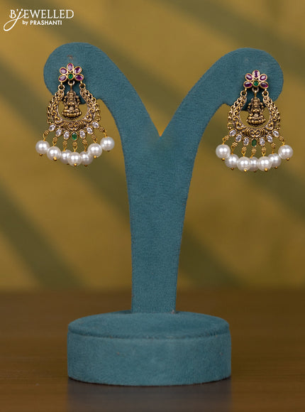 Necklace lakshmi design with kemp & cz stones and pearl hangings in victorian finish