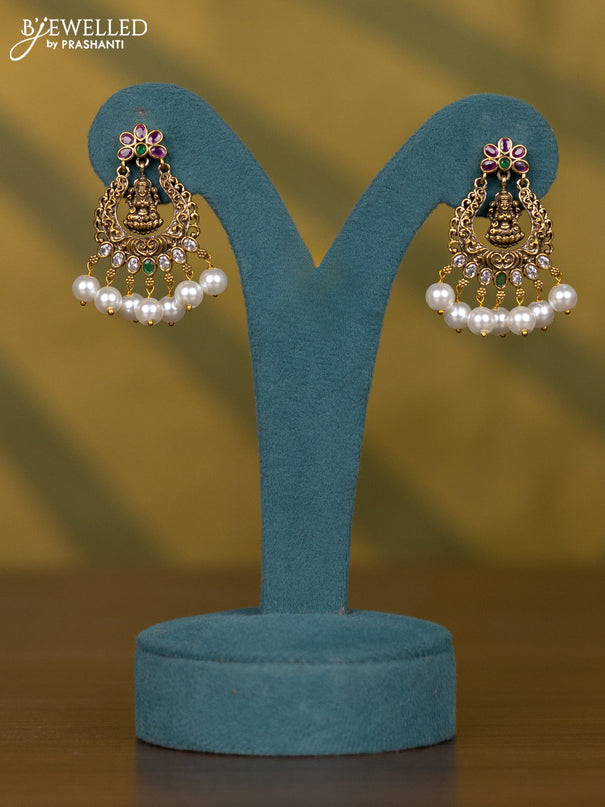 Necklace lakshmi design with kemp & cz stones and pearl hangings in victorian finish
